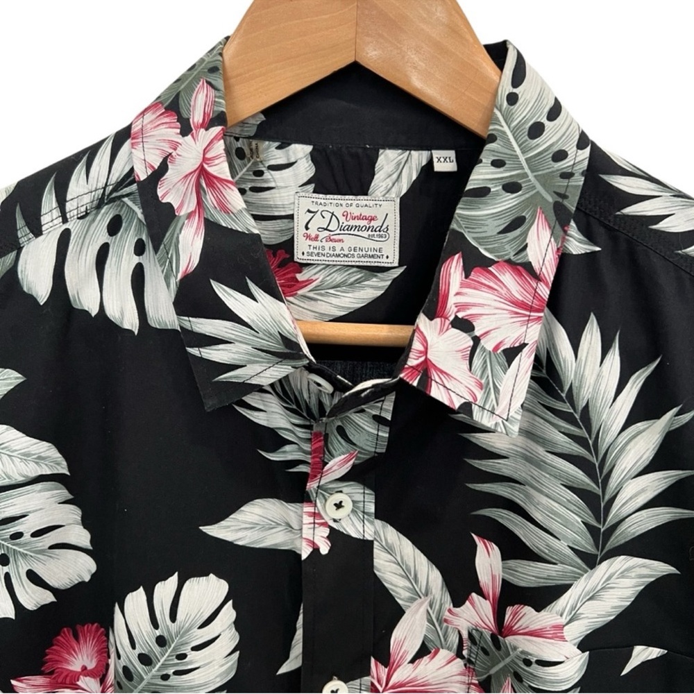 7Diamonds Men’s XXL Hawaiian Shirt Black Tropical Print Modern Fit